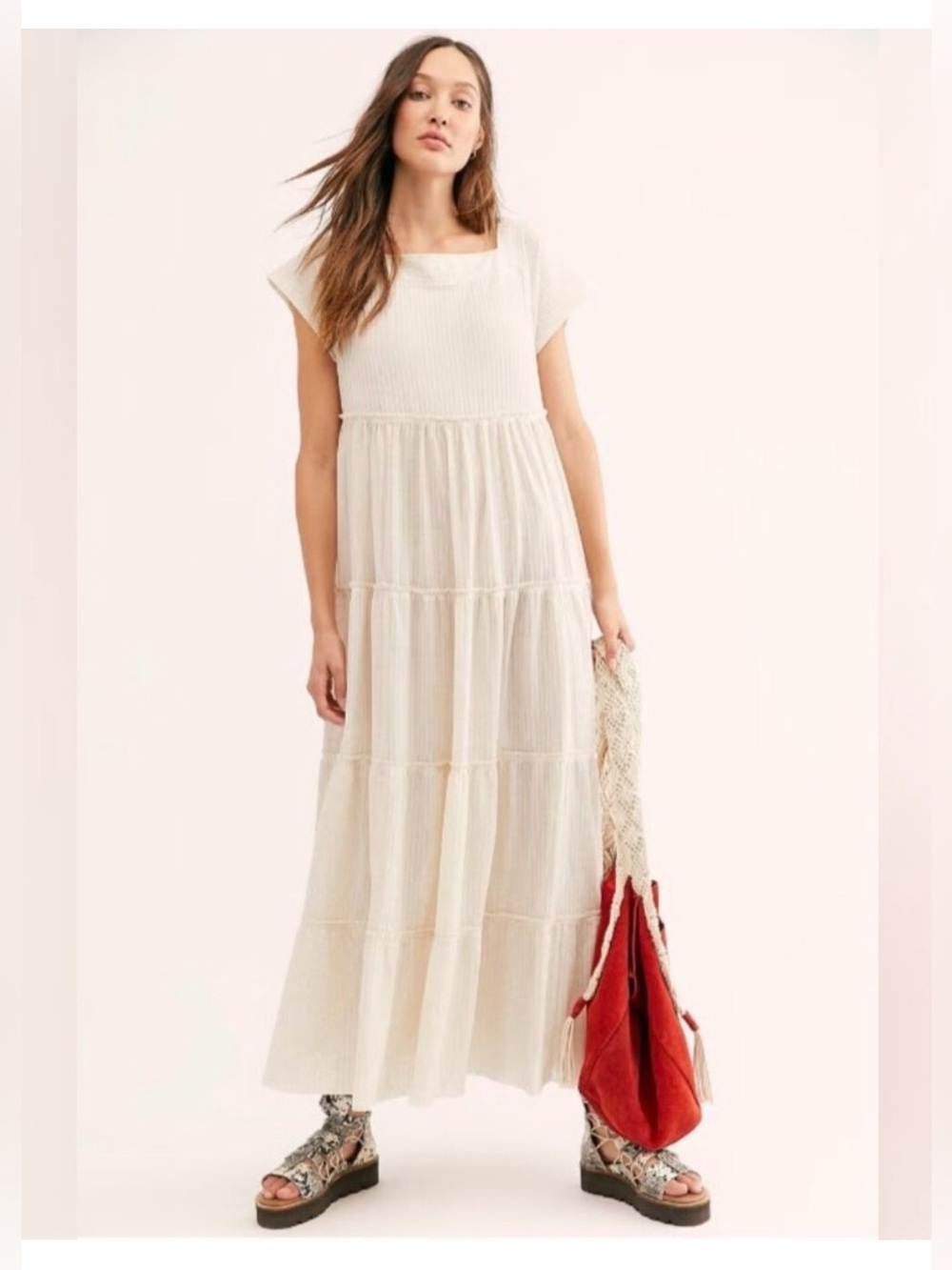 Free People Beach Saltwater Tiered Maxi Dress | Size M | Ribbed Boho | Sand/Nude
